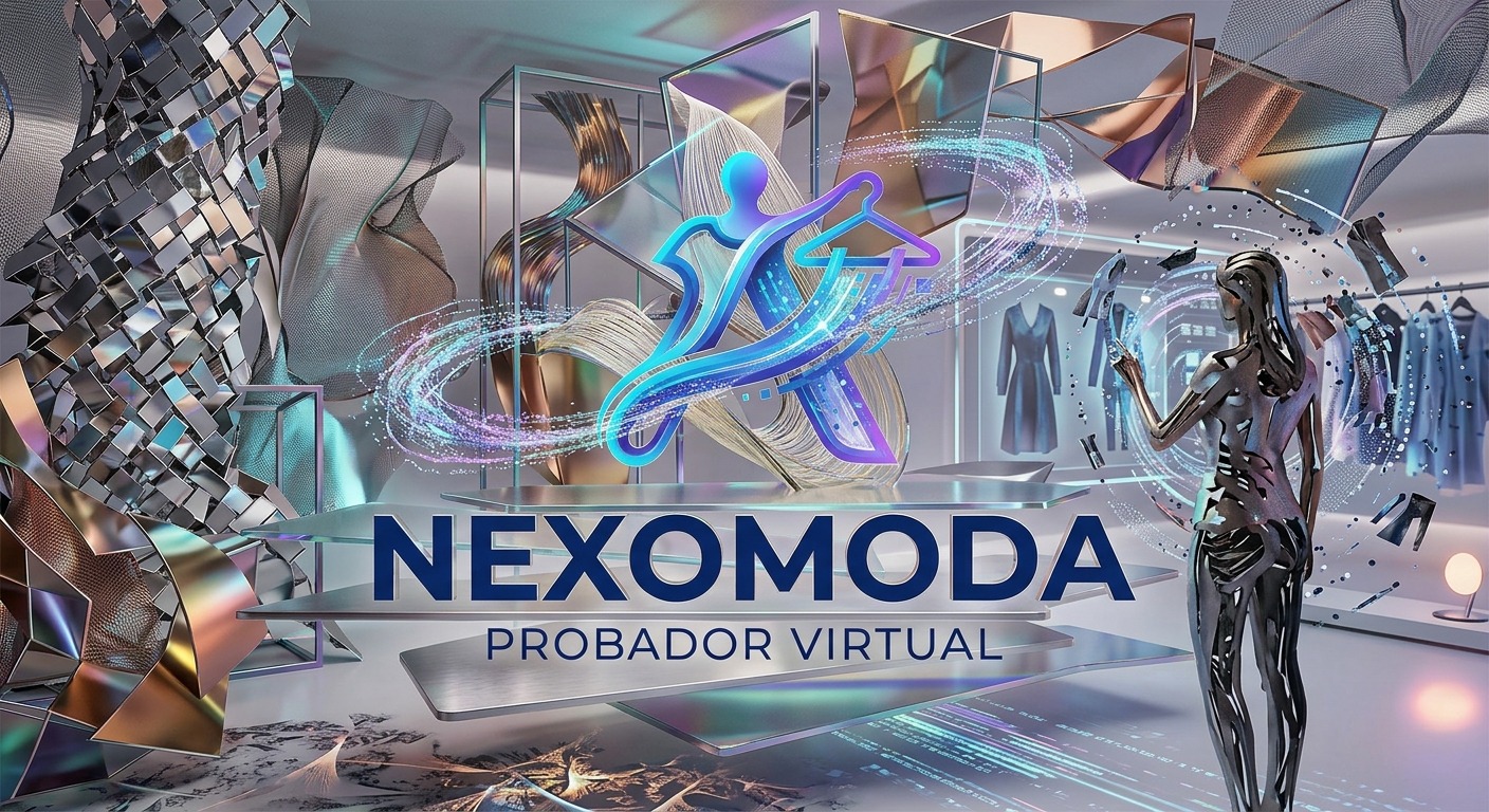 Escaparate futurista NexoModa con prendas y reflejos metálicos